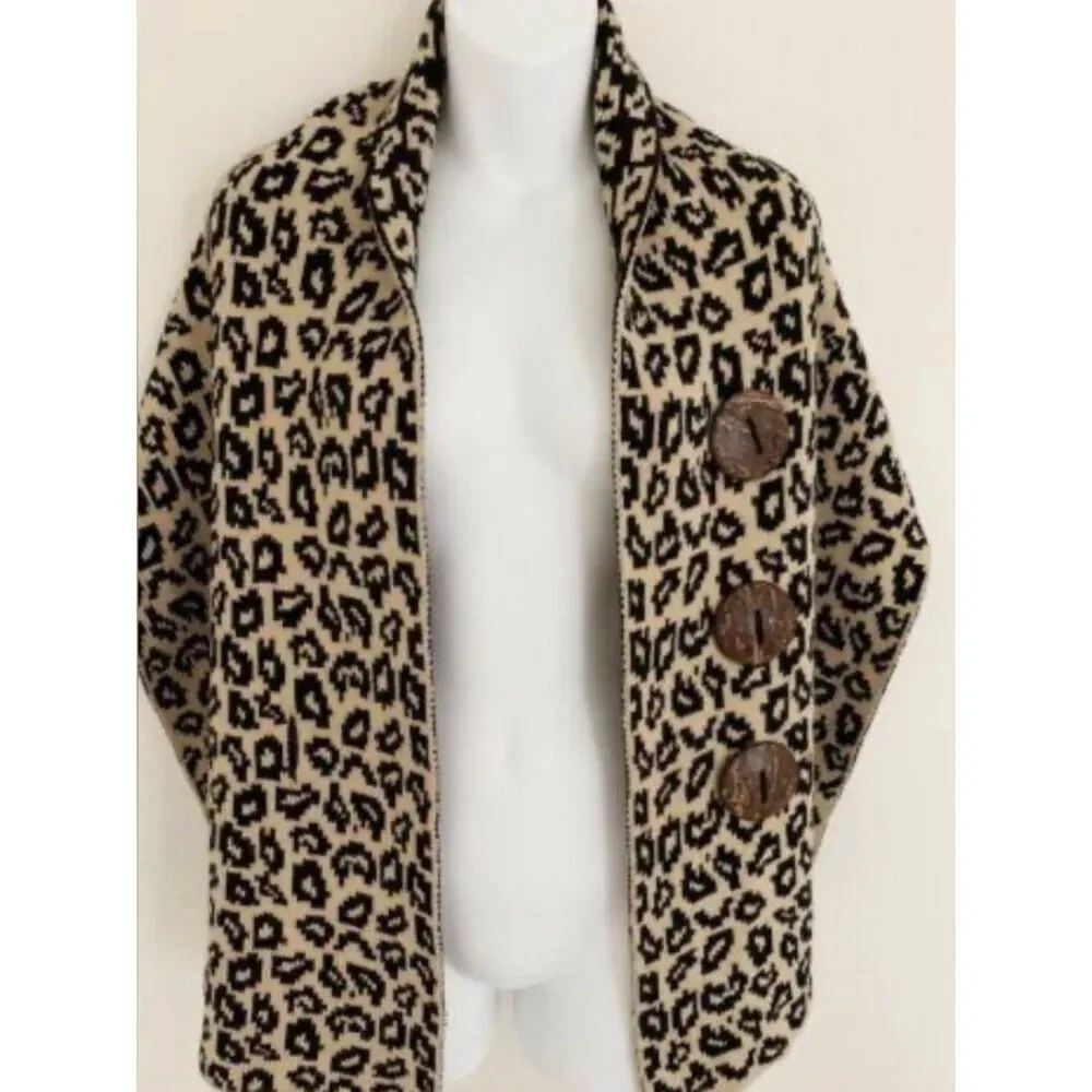 VINTAGE KATIE TODD WOMEN COTTON KNIT SCARF WRAP LEOPARD PRINT BUTTON CLOSURE